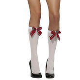 Fever Hosiery Opaque Knee High Socks White, with Red Tartan Bows from Nice 'n' Naughty